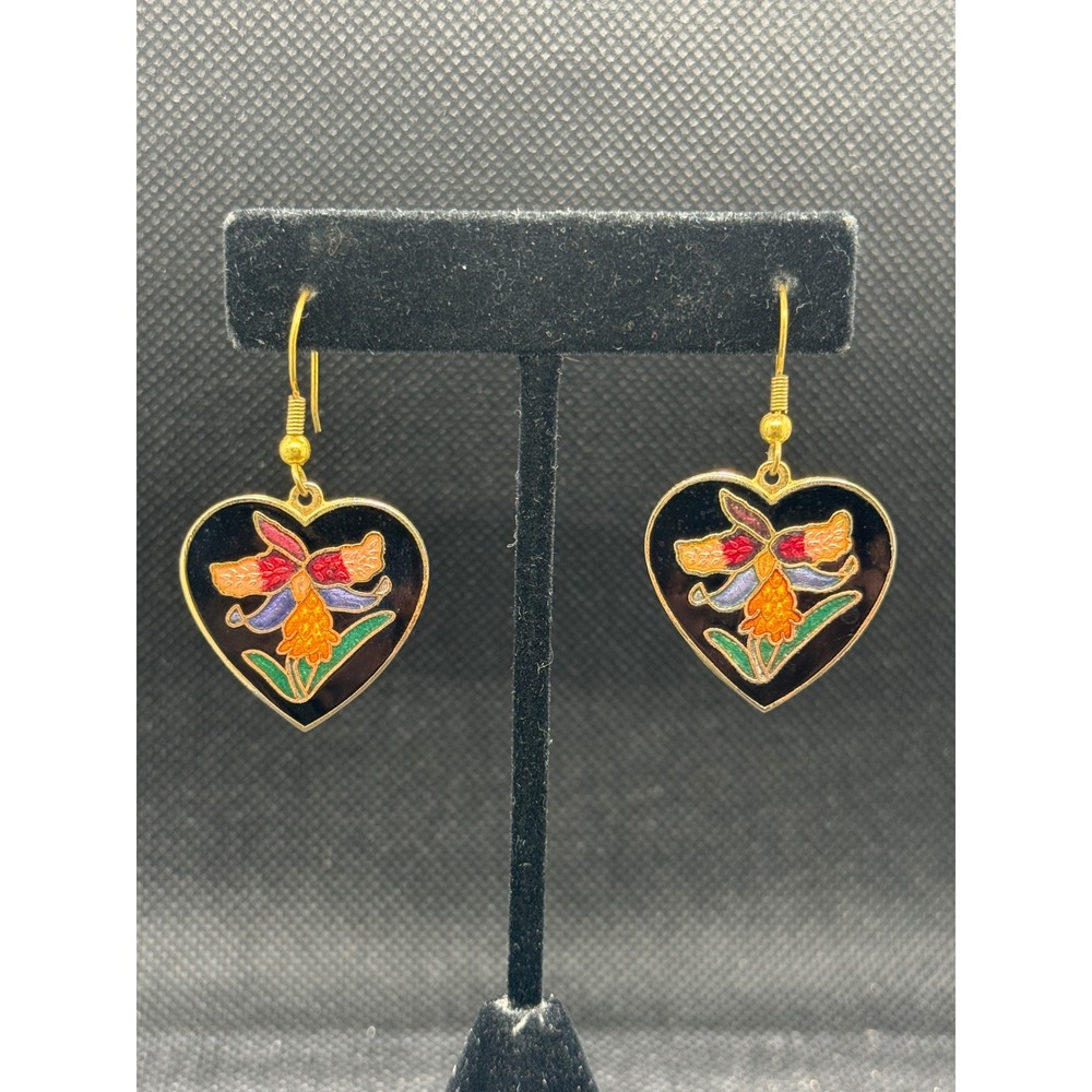 Vintage Cloisonne Enamel Heart Floral Drop Earrings Gold Tone Black Multi Color